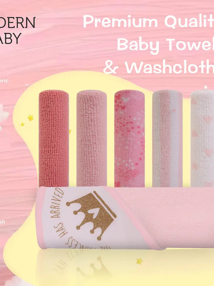 Modern Baby  Hooded Towel and 5Pk Washcloths - Princess