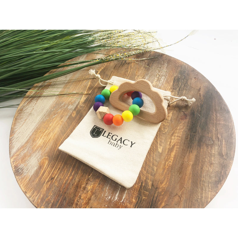 Rainbow Teether Toy for Babies - Silicone & Wood, Handmade