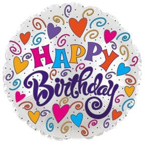 18" Happy Birthday Swirls & Hearts Balloon
