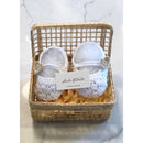 White and Gold Heart Mary Jane Crocheted Booties in Basket