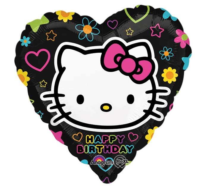 18" Hello Kitty Happy Birthday Black Heart Balloon