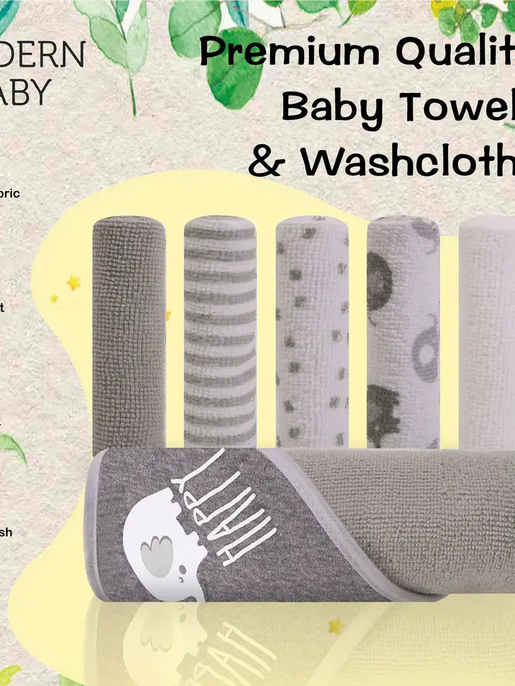 Hooded Towel & 5 Washcloths - Gray Elephant