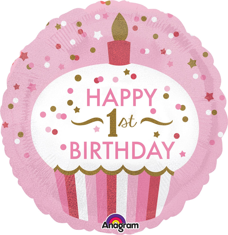 18" Happy 1st Birthday Pink Cupcake Balloon