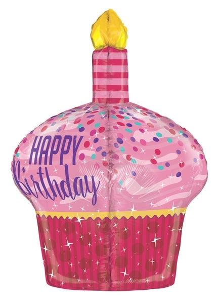 35" Multi-Sided Happy Birthday Sparkles Cupcake Balloon