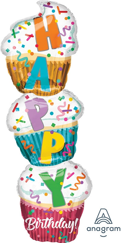 41" Jumbo Happy Birthday Stacked Cupcakes Balloon