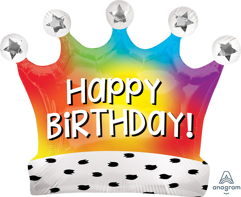27" Happy Birthday Satin Rainbow Crown Balloon