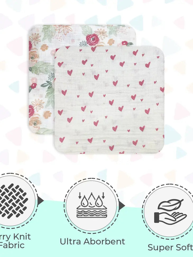 2 Pack Muslin Swaddle Blankets - Floral Hearts