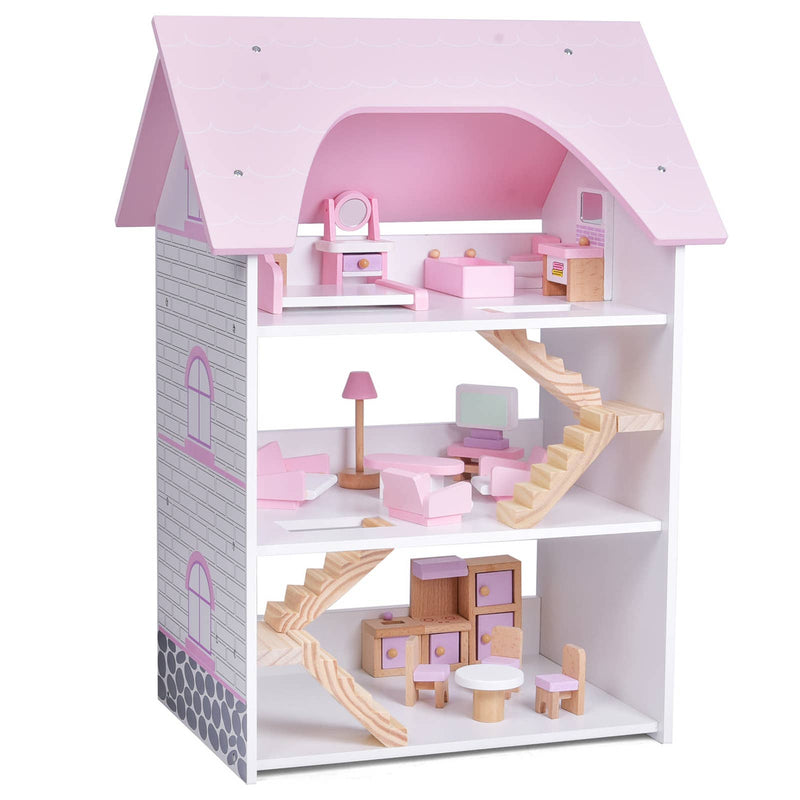 Wooden Dollhouse with Wooden Furniture 23 PCs Accessories