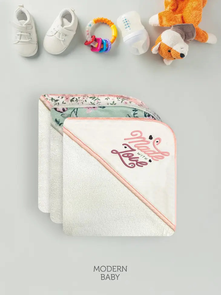 3Pk Hooded Baby Towels & Washcloth Gift Set - Made With Love