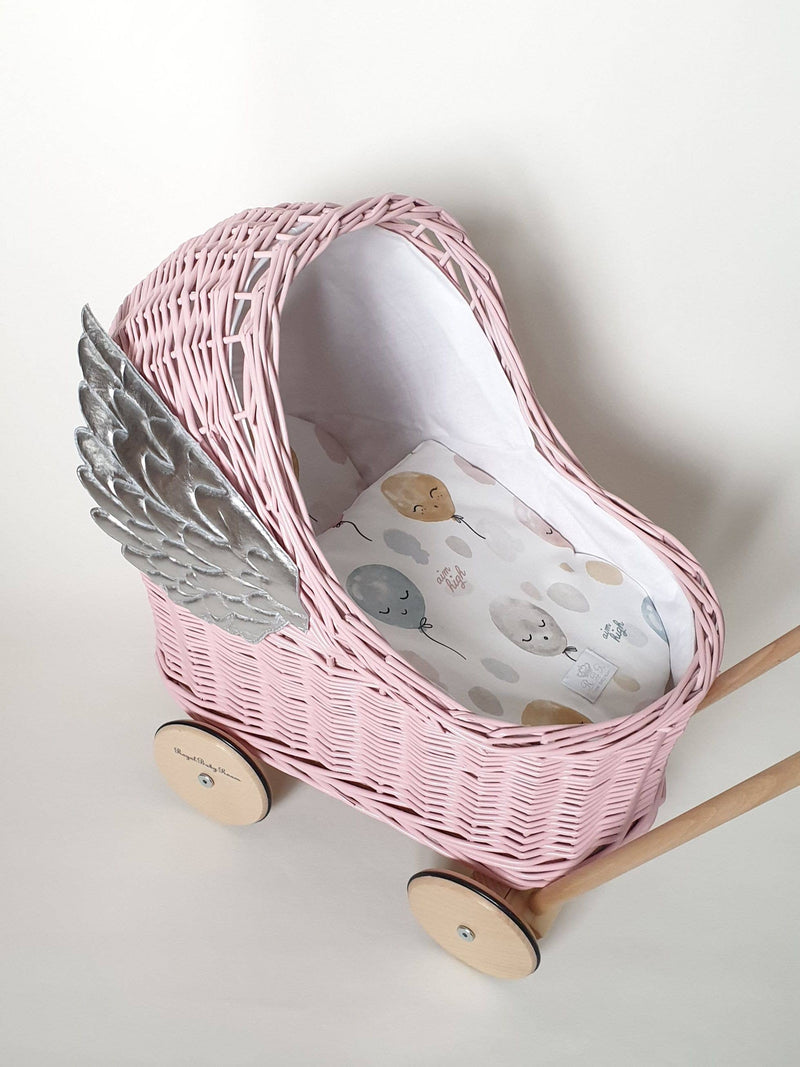 Pink Wicker Doll Stroller With Silver Wings + Cotton Bedding