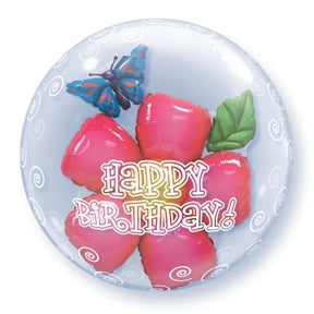 24" Happy Birthday Flower Double Bubble Balloon