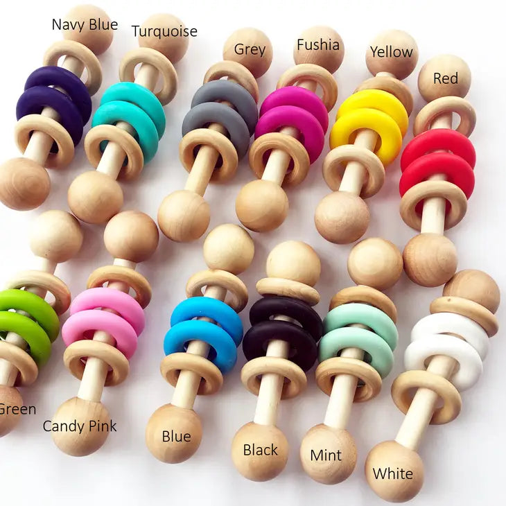 Silicone & Wood Rattle - White