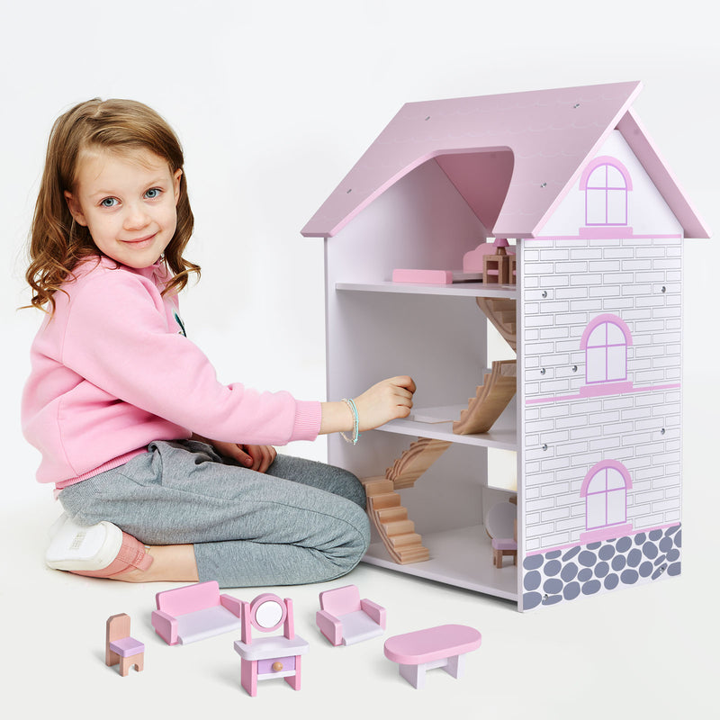 Wooden Dollhouse with Wooden Furniture 23 PCs Accessories