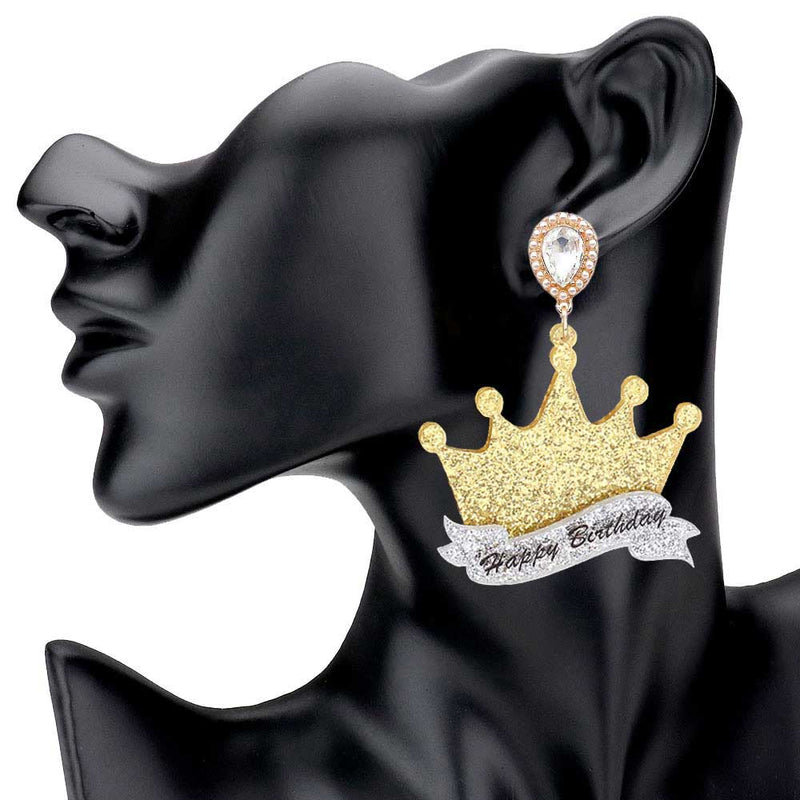 Happy Birthday Glittered Resin Crown Dangle Earrings