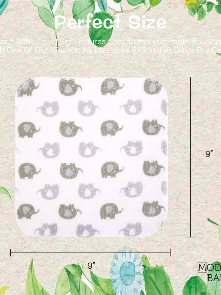 Hooded Towel & 5 Washcloths - Gray Elephant