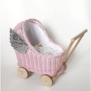 Pink Wicker Doll Stroller With Silver Wings + Cotton Bedding