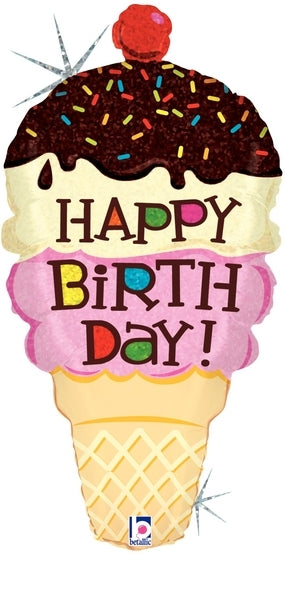 33" Holographic Happy Birthday! Ice Cream Cone Balloon