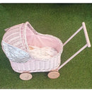 Pink Wicker Doll Stroller With Silver Wings + Cotton Bedding