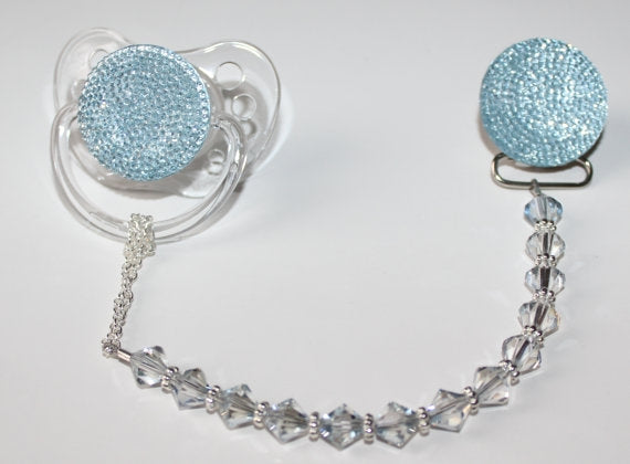 Blue Sparkly Glitter with Swarovski Crystals Pacifier Clip