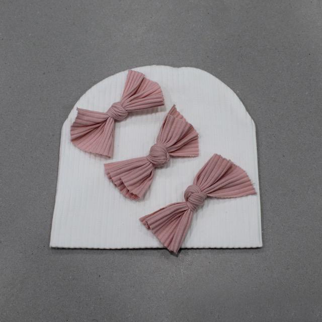 Ivory & Rose Ribbed Triple Bow Beanie