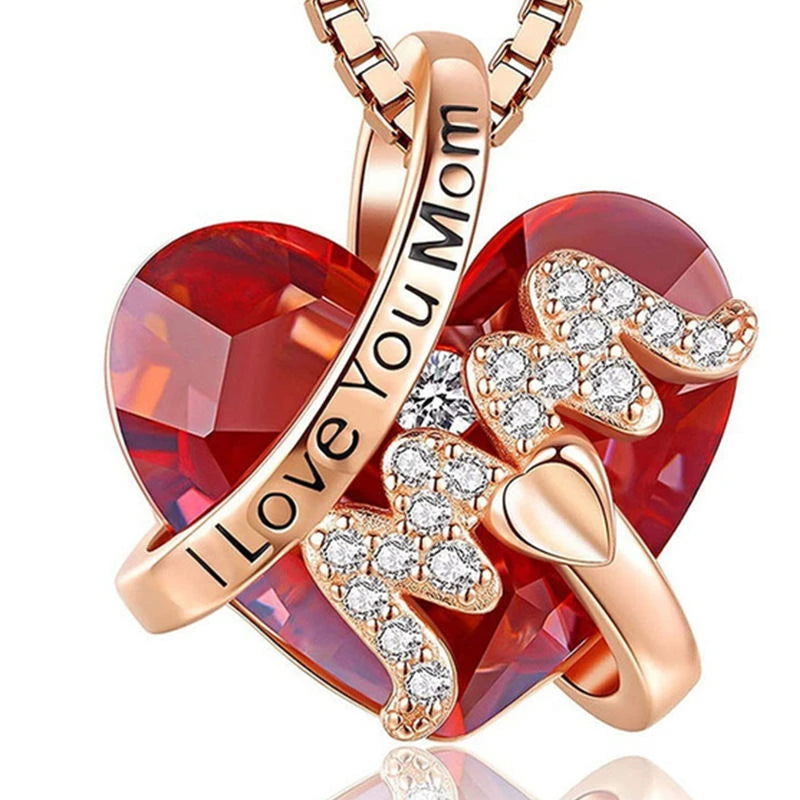 Luxury Fashion "Mom" Pendant Necklace Red Heart Crystal Jewelry