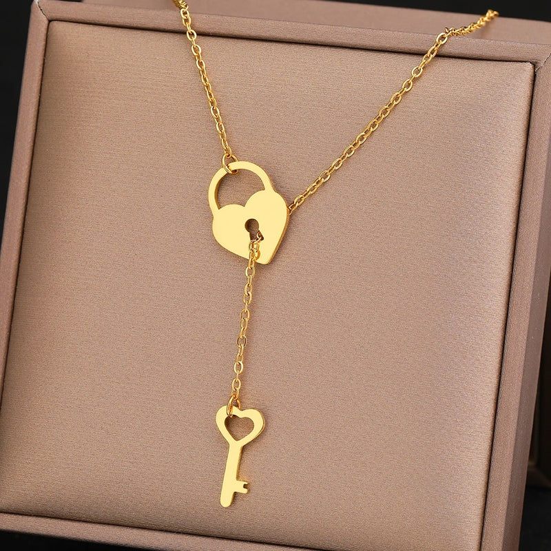 Stainless Steel Necklaces Trendy Fine Heart Lock Key