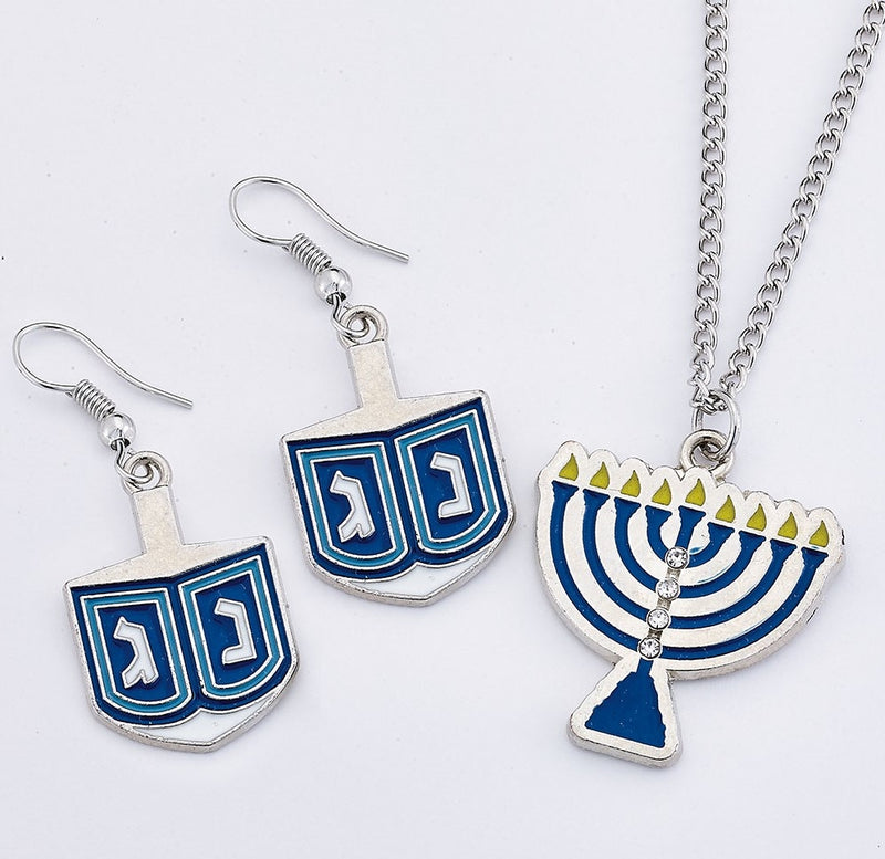 Set of Dreidel Earrings & Menorah Necklace