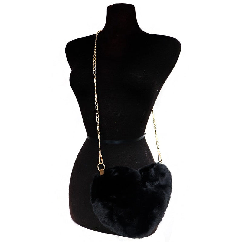 Faux Fur Heart Shaped Faux Leather Lined- Gold Chain Bag