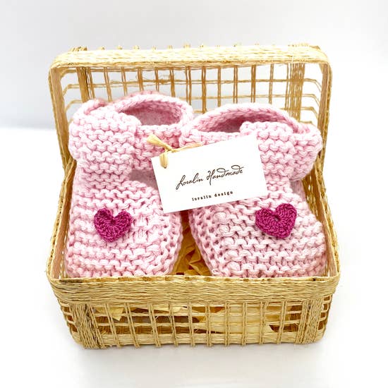 Pink Booties with Hearts in Basket