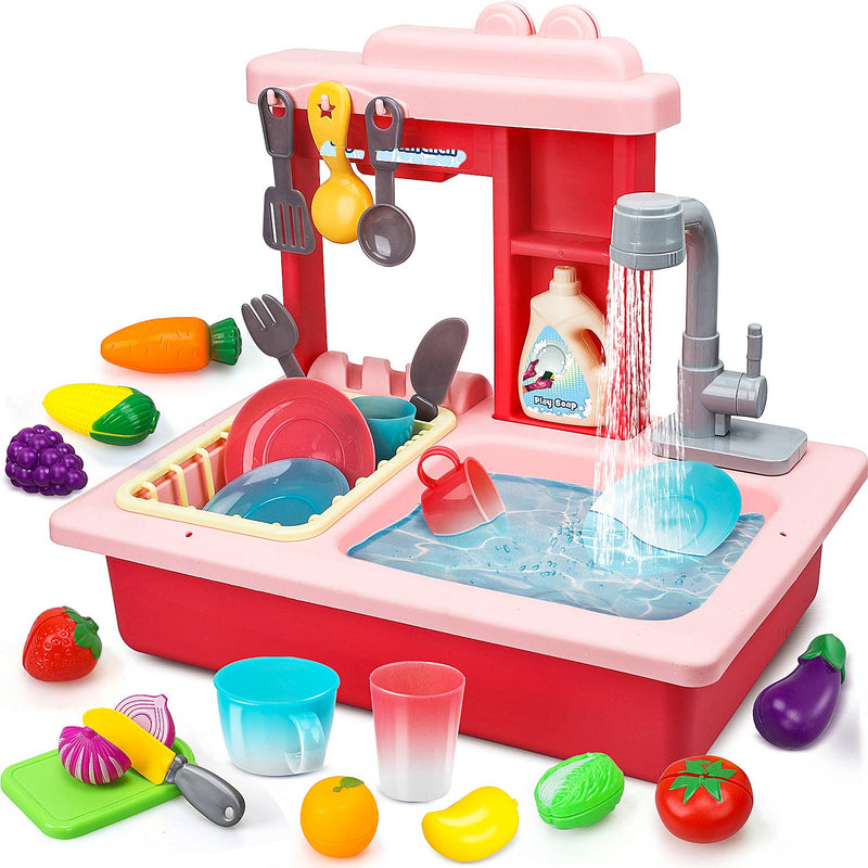 Kitchen Play Sink Toy with Play Food - Pink