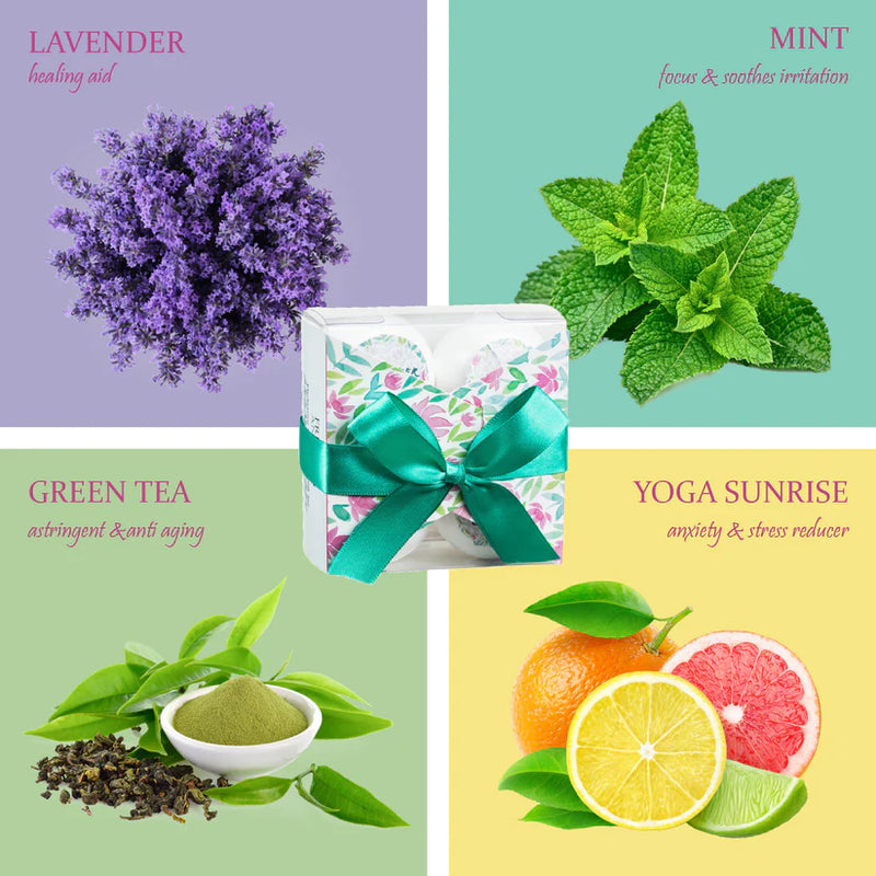 4 Bath Bombs With Essential Oils: Lavender, Mint, Yoga Sunrise, Green Tea
