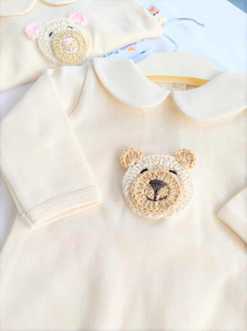 Handcrafted Organic Cotton Bear Figure Baby Body Suit