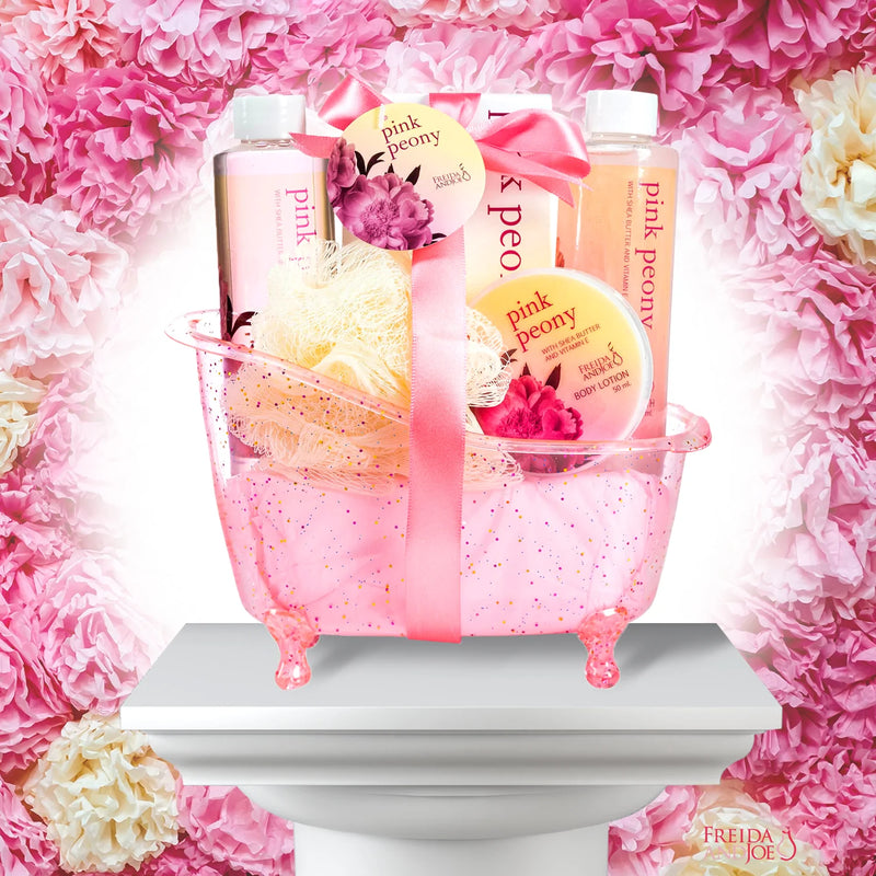 Pink Peony Tub Spa Basket, Shower Gel, Bubble Bath, Body Lotion, Bath Salts & Puff