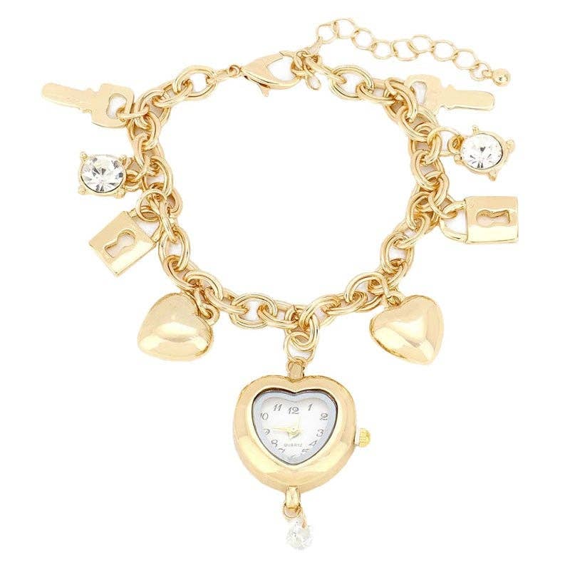 Key Lock Heart Watch Charm Station Bracelet Watch