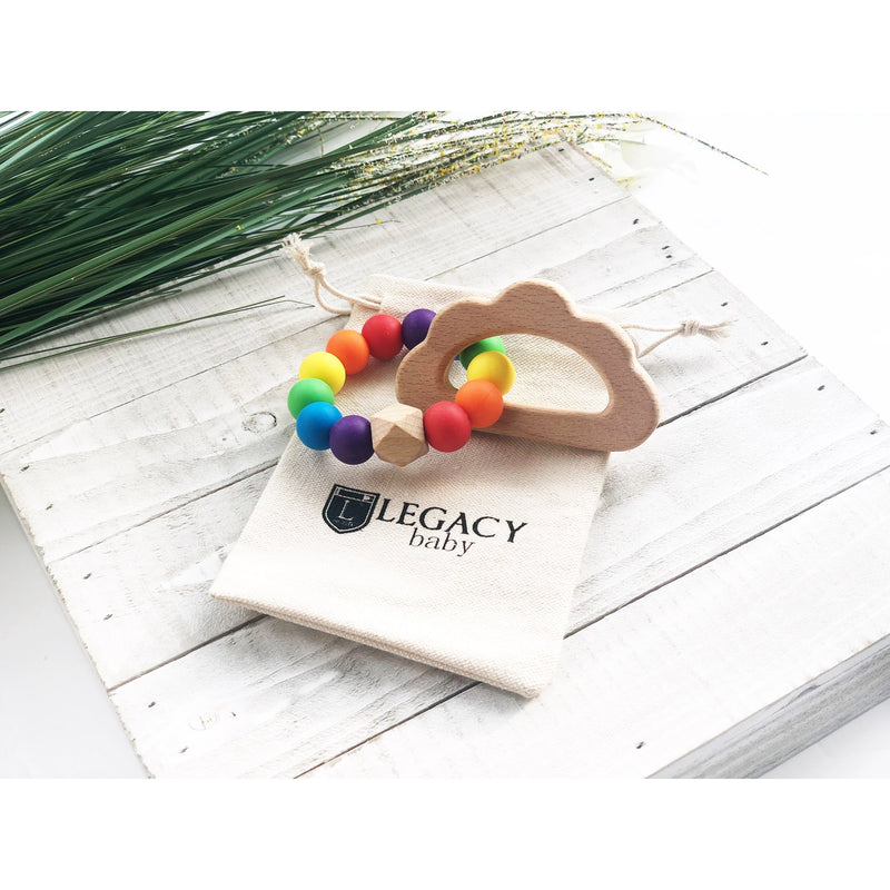 Rainbow Teether Toy for Babies - Silicone & Wood, Handmade