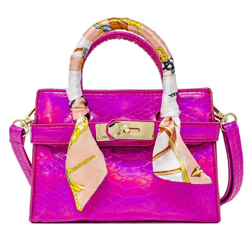 Pink Shiny Metallic Crocodile Buckle Bag with Scarf