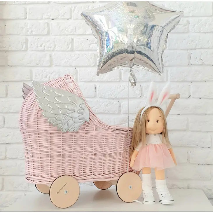 Pink Wicker Doll Stroller With Silver Wings + Cotton Bedding
