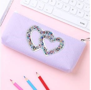 Purple Sequin Heart Pencil Case