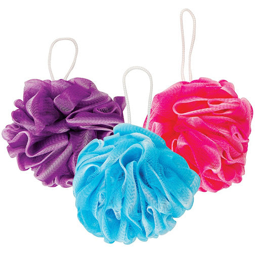 3 Bath Poufs In Sparkle Gift Bag - Blue, Purple, Pink